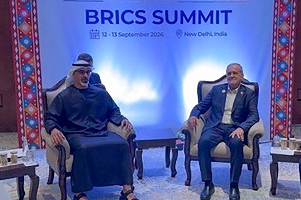 Iranian President Masoud Pezeshkian (right) with Crown Prince Khaled bin Mohamed bin Zayed Al Nahyan of Abu Dhabi on the sidelines of the Brics summit in New Delhi. Photo: X/Iran_in_India