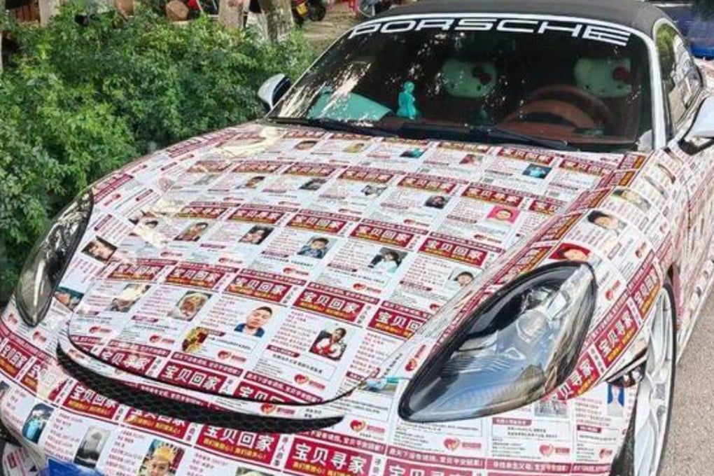 A Porsche driver in Yunnan covered his luxury vehicle with over 90 missing-child flyers from the Baby Come Home charity, successfully helping to reunite a missing child with their family. Photo: Sohu