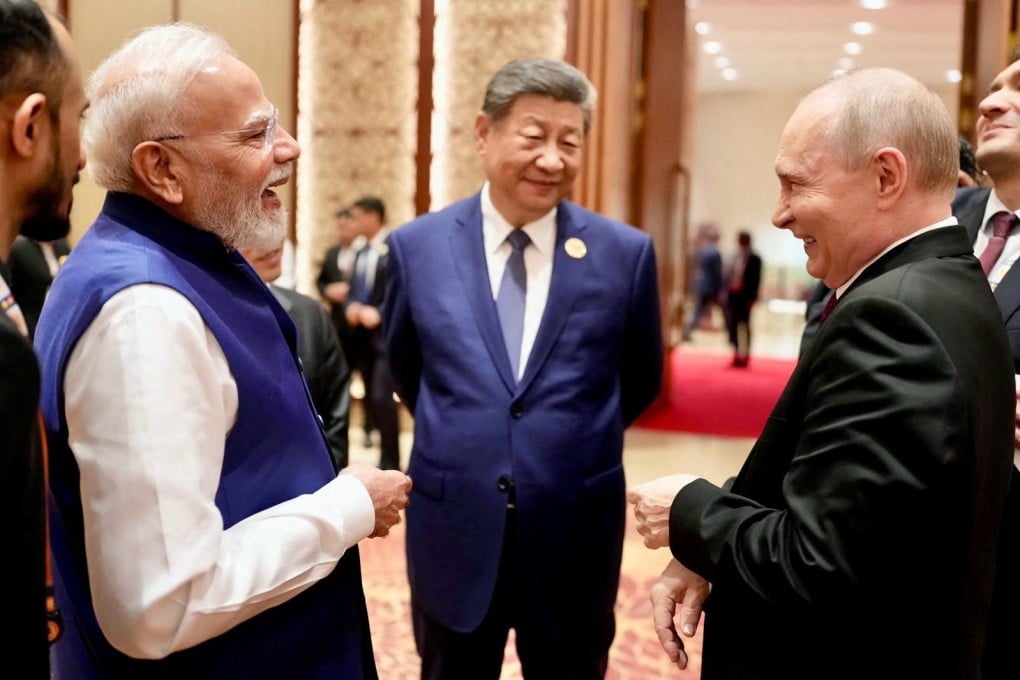 President Xi Jinping at the Brics summit in New Delhi on Sunday with Indian Prime Minister Narendra Modi and Russian President Vladimir Putin. Photo: Reuters