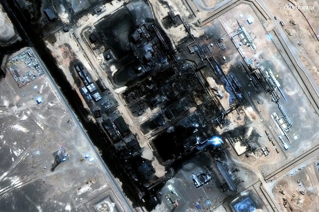 A Vantor satellite image shows damage to a facility of the Saudi Arabia East-West pipeline after a strike on September 11. Photo: Handout via Reuters