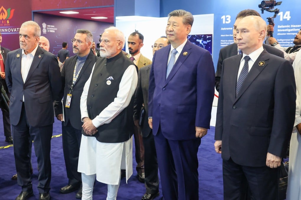 Attending an exhibition during the Brics summit are (from left) Iranian President Masoud Pezeshkian, Indian Prime Minister Narendra Modi, Chinese President Xi Jinping and Russian President Vladimir Putin, in New Delhi, India, on September 12. Photo: Handout