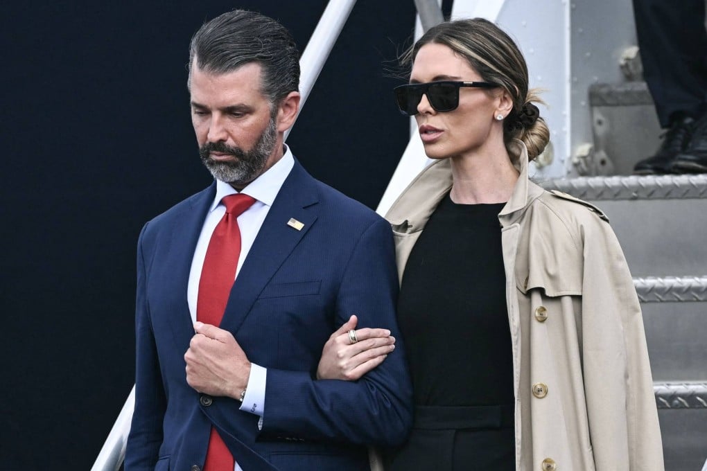 Donald Trump Jnr and his wife Bettina disembark from Air Force One at Shannon Airport in Shannon, Ireland on Saturday. Photo: AFP