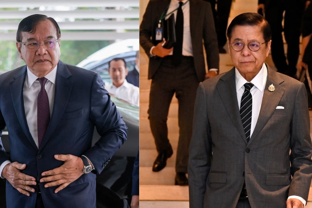 Cambodian foreign minister Prak Sokhonn (left) and his Thai counterpart Sihasak Phuangketkeow arrive for the first meeting of the Conciliation Commission established under the United Nations Convention on the Law of the Sea in Singapore on Tuesday. Photos: The Straits Times/AFP/Reuters