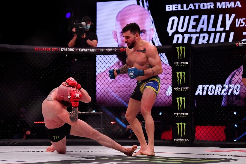 Patricky Freire knocks out Peter Queally during their lightweight world title bout at the Bellator MMA 270 event at the 3Arena in Dublin in 2021. Photo: Reuters
