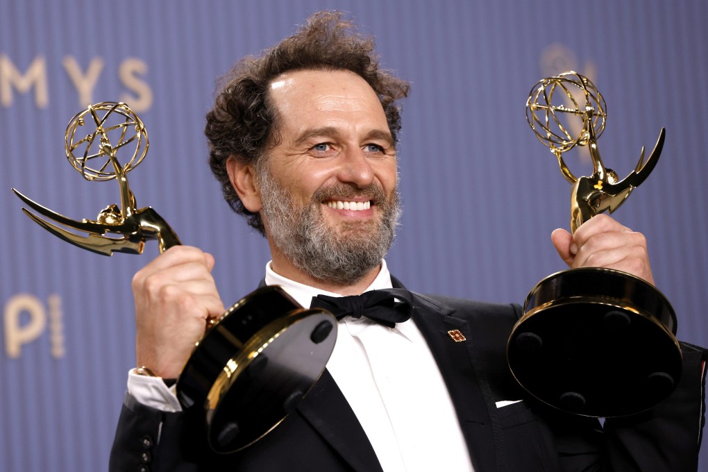 Matthew Rhys holds his two Emmy trophies for best lead actor in a comedy series, for Widow’s Bay, and best actor in a limited series, The Beast in Me, at the 78th annual Emmy Awards ceremony in Los Angeles, California, on September 14, 2026. Photo: EPA