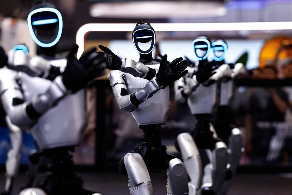 Humanoid robots by Unitree Robotics demonstrate a group dance during the 2026 World Robot Conference, in Beijing. Photo: Reuters