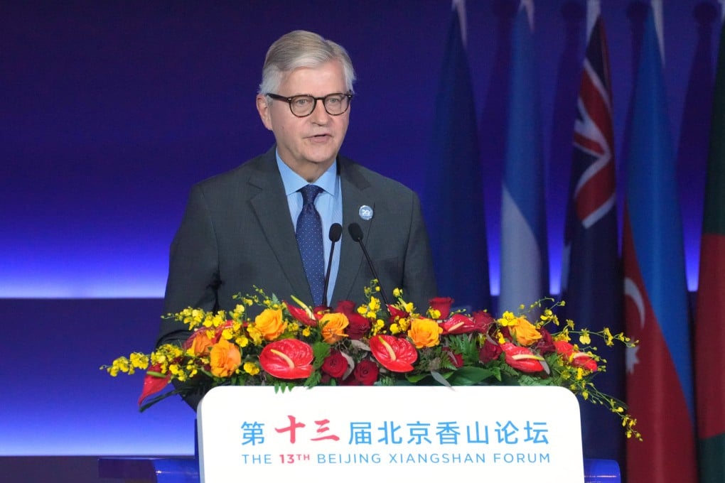 The UN's peacekeeping chief Jean Pierre Lacroix delivers remarks on the second day of the Xiangshan Forum in Beijing on Wednesday. Photo: AP