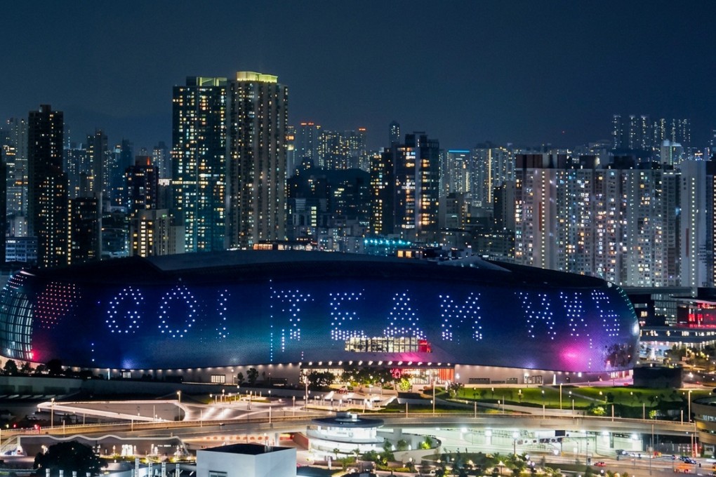 An Asian Games-themed light show projected across Kai Tak Stadium in support of the Hong Kong Team for the event starting on Saturday. Photo: Elson Li