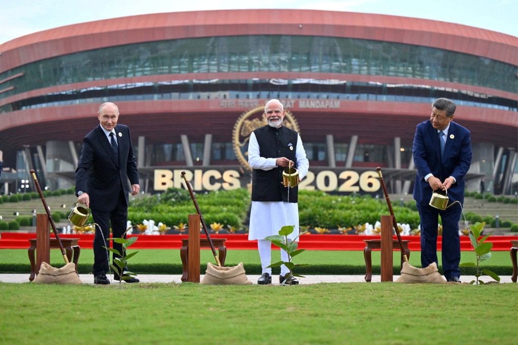 Russian President Vladimir Putin, Indian Prime Minister Narendra Modi and Chinese President Xi Jinping plant saplings during the Brics Summit in New Delhi, India, on September 12. Photo: India’s Press Information Bureau