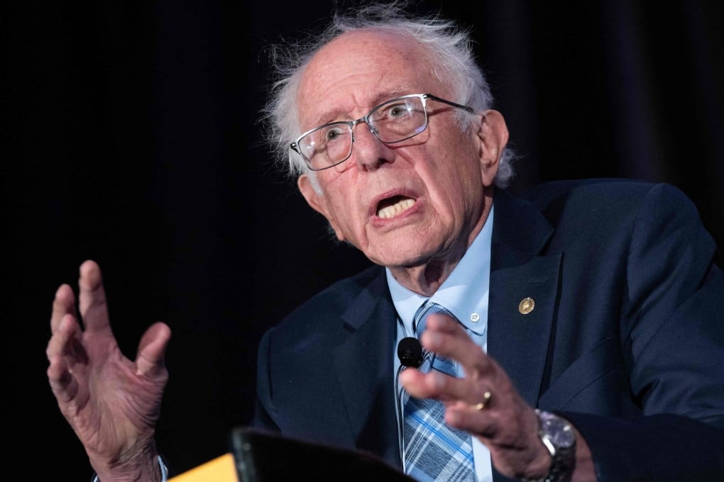 US Senator Bernie Sanders speaking at the Pro-Human Assembly on Tuesday. Photo: AFP