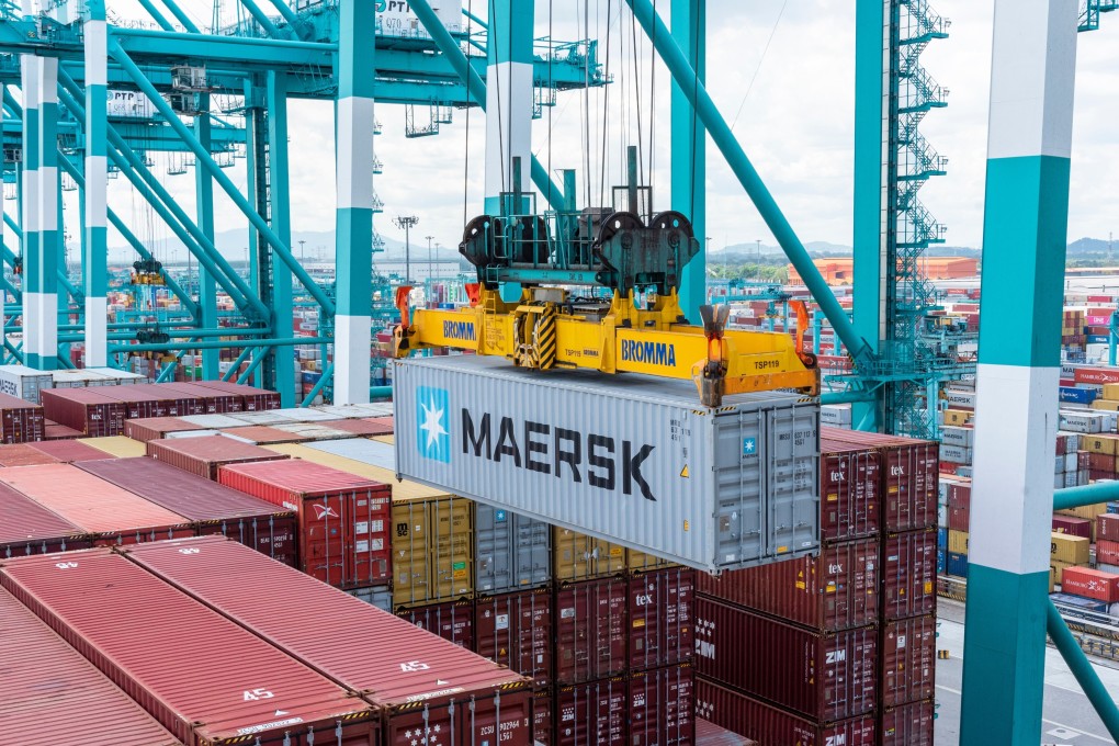 A Maersk owned container is loaded by the gantry crane on to a container ship in Tanjung Pelepas, Johor, on May 5, 2023. Photo: Shutterstock