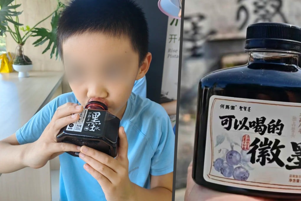 The photo above shows a Chinese boy imitating the ancient practice of drinking ink, using a safe, edible version of the liquid. Photo: SCMP composite/RedNote