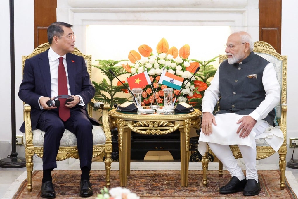 Indian Prime Minister Narendra Modi and Vietnamese Prime Minister Le Minh Hung in New Delhi during the Brics summit on Saturday. Photo: Handout via Reuters