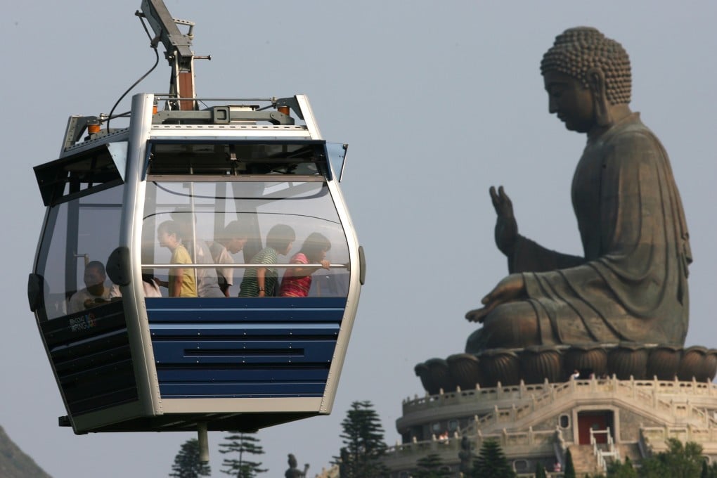 A Ngong Ping 360 cable car passes the Buddha statue overlooking Po Lin Monastery at Hong Kong’s Lantau Island on September 18, 2006. Photo: Robert Ng