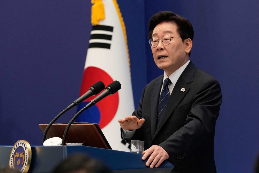 South Korean President Lee Jae Myung speaking during a press conference at the presidential Blue House in Seoul on Friday. Photo: AFP