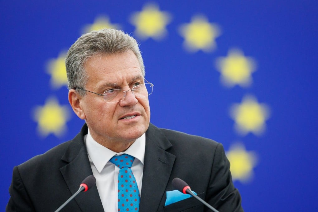 European Trade Commissioner Maros Sefcovic had a video meeting with Commerce Minister Wang Wentao on Thursday, Photo: EPA