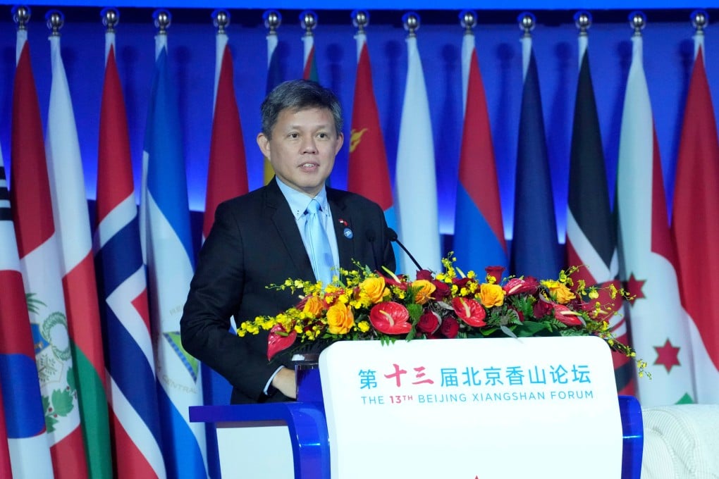Singapore Defence Minister Chan Chun Sing delivers remarks during the Xiangshan Forum in Beijing on Wednesday. Photo: AP