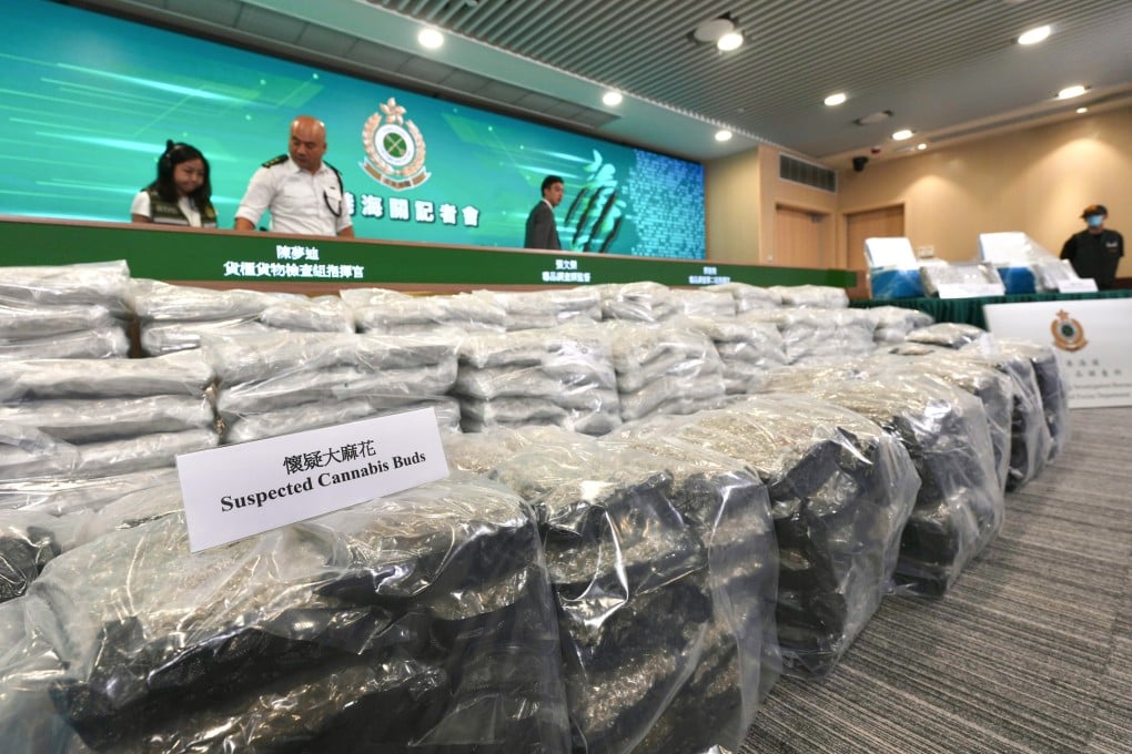 Customs officers display the seized cannabis at the department headquarters in North Point. Photo: Karma Lo