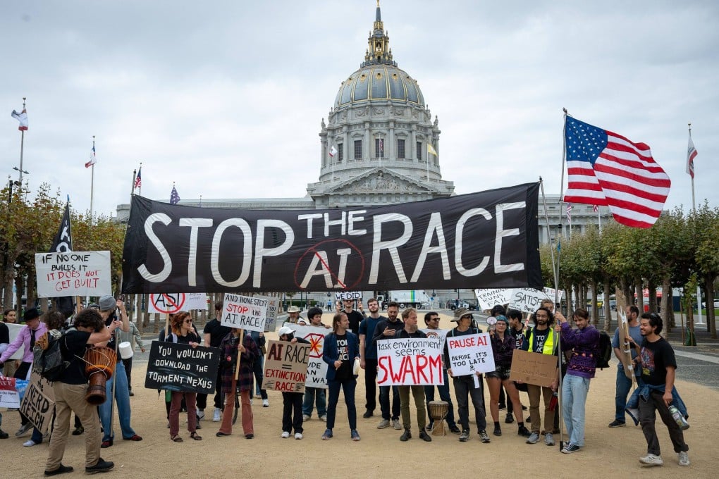 Protesters take part in a “Stop the AI Race” demonstration in San Francisco, California, on Thursday. Photo: AFP