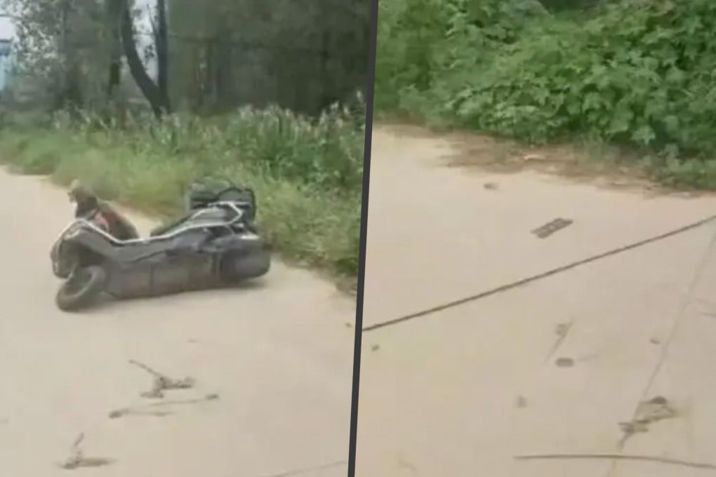 A Chinese driver volunteering to fix potholes accidentally killed an e-bike rider after the victim struck a warning rope he had put up. Photo: SCMP composite/Sohu