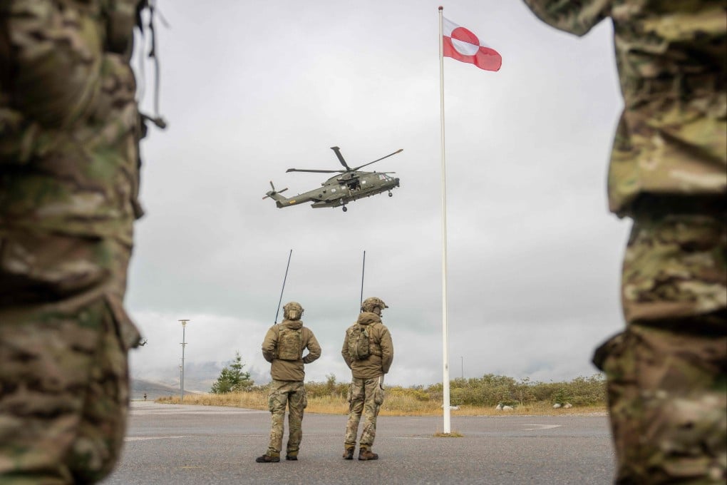 A Danish Air Force EH101 Merlin helicopter comes in to land during Nato military exercise Arctic Shield 2026 in Narsarsuaq, Greenland. Photo: Ritzau Scanpix via AFP