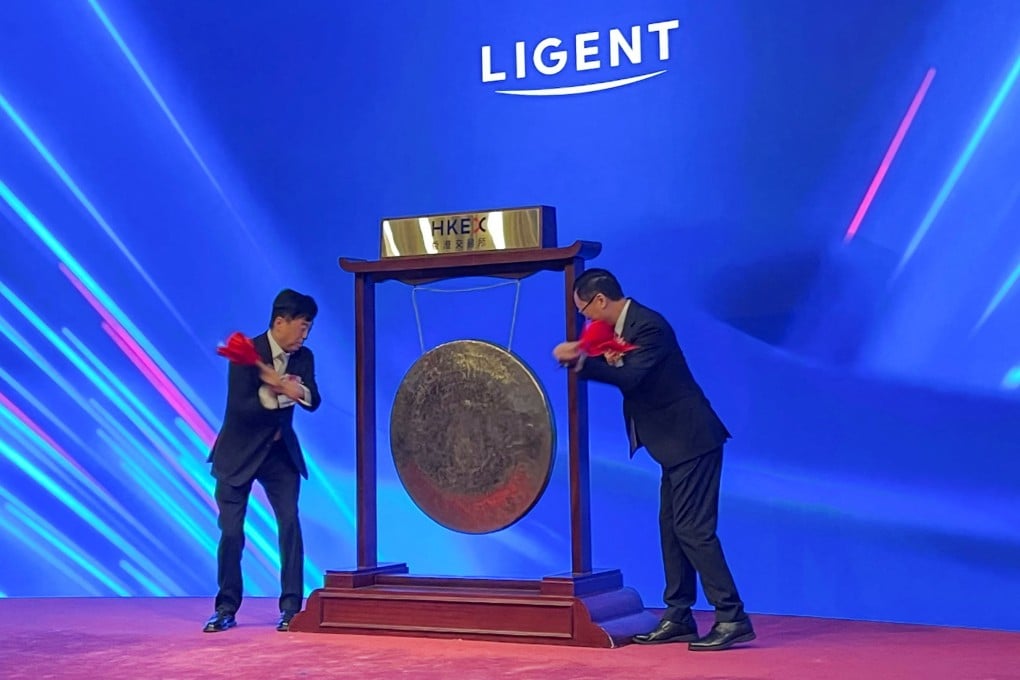 A gong-striking ceremony marks the trading debut of Ligent Technologies at the Hong Kong stock exchange on Tuesday. Photo: Reuters