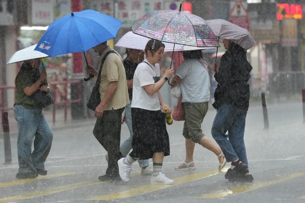 Pedestrians holding umbrellas make their way across a street in Tai Po during a downpour on July 17. Photo: Jelly Tse