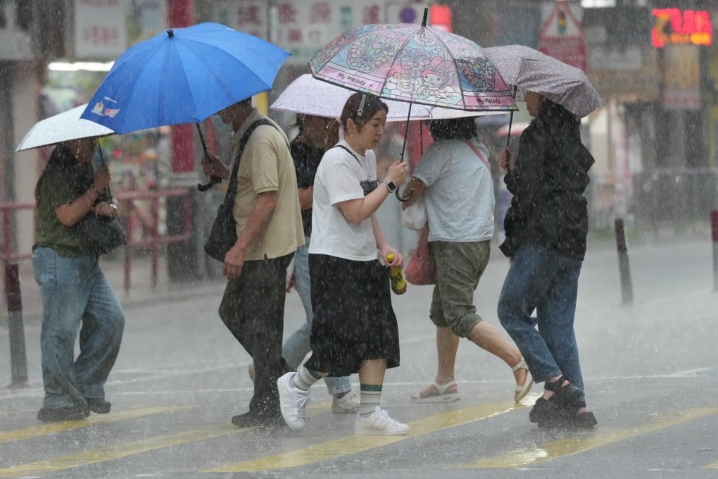 Pedestrians holding umbrellas make their way across a street in Tai Po during a downpour on July 17. Photo: Jelly Tse