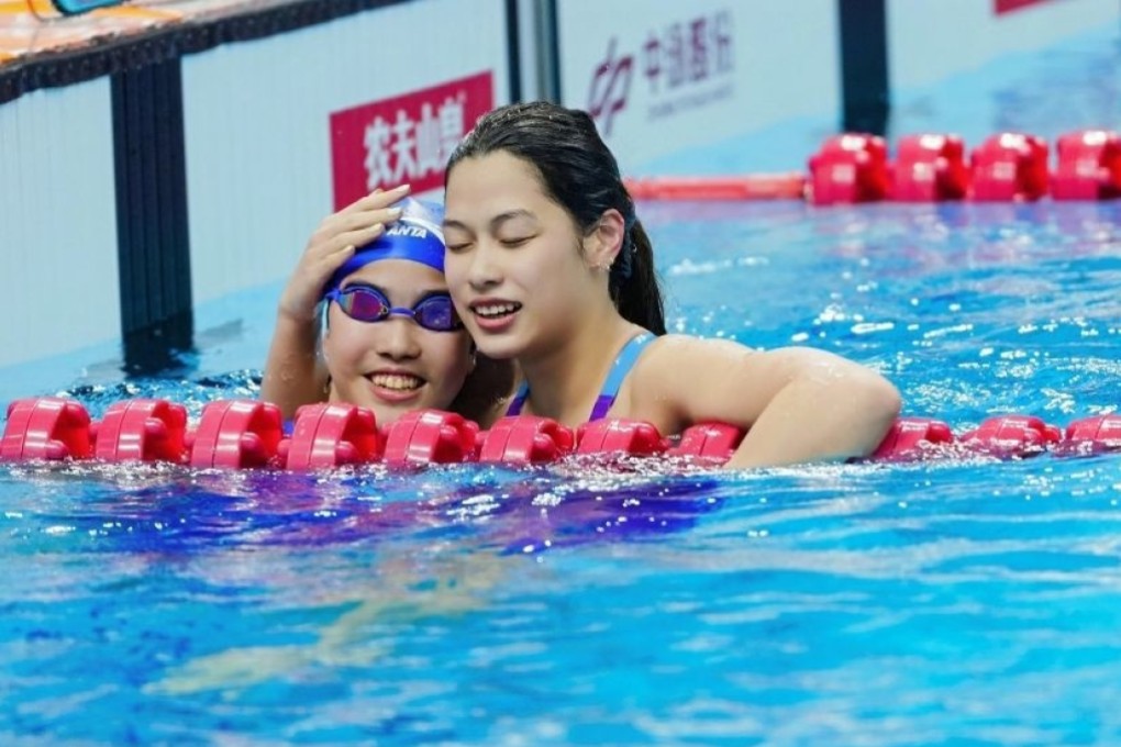 Yu Yiting (right) after beating Yu Zidi (left) in the 200m individual medley final at the China National Swimming Championships in June. Photo: Handout