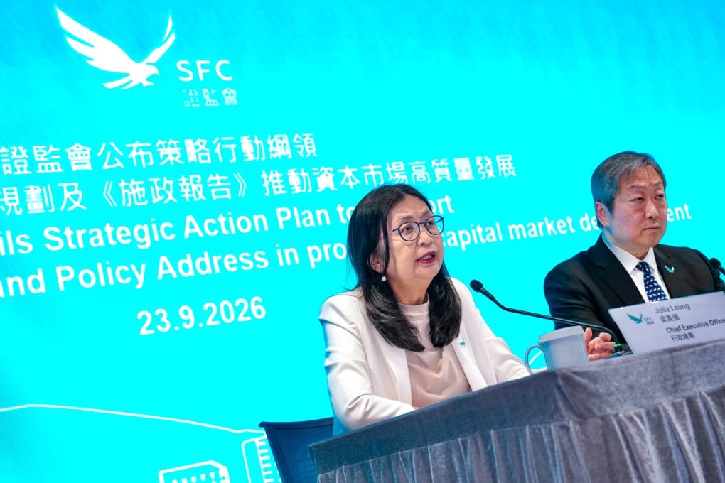 Julia Leung and Kelvin Wong announce the SFC’s priorities on Wednesday. Photo: Karma Lo