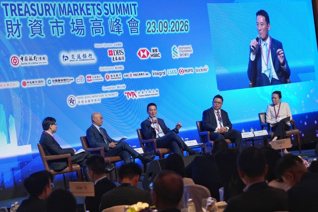 Participating in a panel discussion at Treasury Markets Summit 2026 are, from left, Justin Chan of HSBC, Darryl Ho of HKMA, Gregory Yu of HKEX, Patrick Wu of Credit Agricole and Annie Zhu of Bank of China (Hong Kong). Photo: Elson Li
