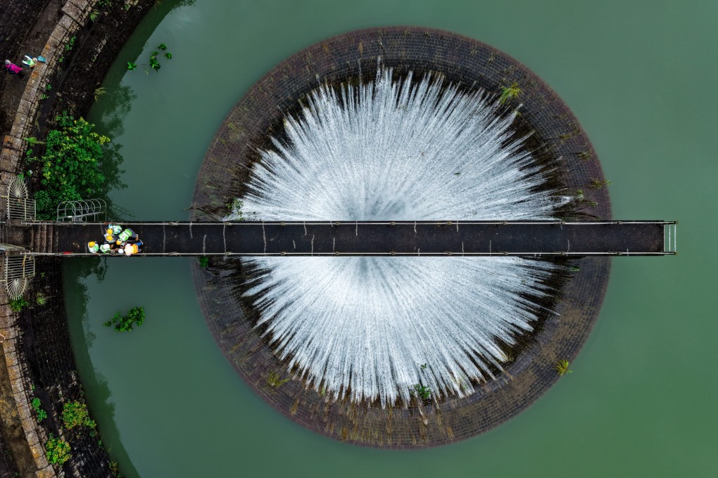 An aerial view of the bellmouth overflow, a spillway that helps make water use more efficient and prevent flooding, at Shing Mun Reservoir in Tsuen Wan on July 28. Photo: Sam Tsang
