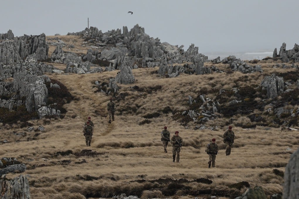 British Army personnel patrol near Port Stanley, Falkland Islands. Photo: EPA