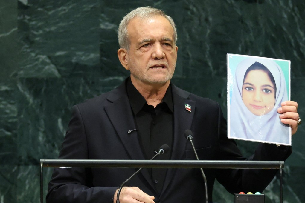 Iran’s President Masoud Pezeshkian giving his address in New York. Photo: Reuters