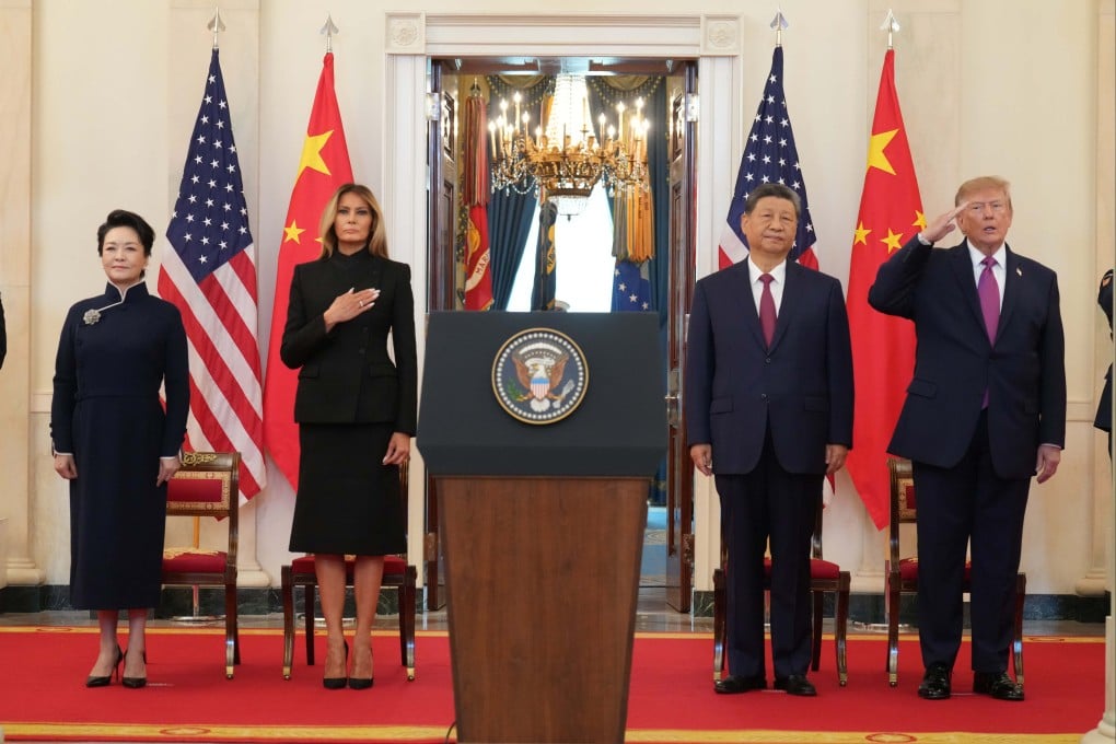President Donald Trump, first lady Melania Trump, China’s President Xi Jinping and his wife Peng Liyuan, attend an arrival ceremony in the Grand Foyer of the White House in Washington on Thursday. Photo: AP