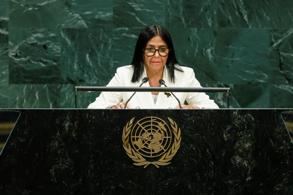 Venezuela’s interim President Delcy Rodriguez delivering her first address to the UN General Assembly since coming to power. Photo: Reuters