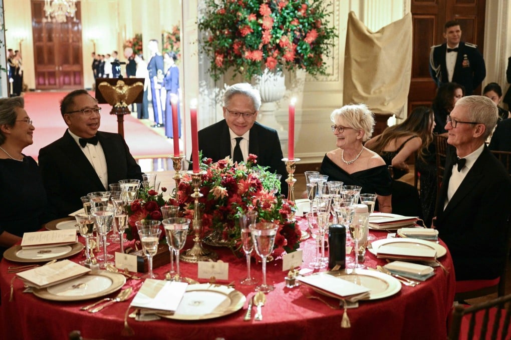 AMD CEO Lisa Su, her husband Daniel Lin, Nvidia CEO Jensen Huang, his wife Lori Huang and Apple’s executive chairman Tim Cook attend a state dinner hosted by US President Donald Trump for President Xi Jinping in the East Room of the White House in Washington on Thursday. Photo: AFP