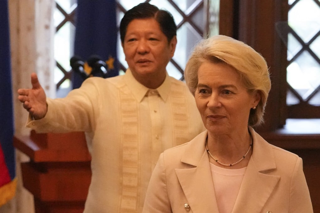 Philippine President Ferdinand Marcos Jnr gestures to European Commission President Ursula von der Leyen during a visit to Manila in 2023. She is expected to return next year to sign a trade pact. Photo: AFP