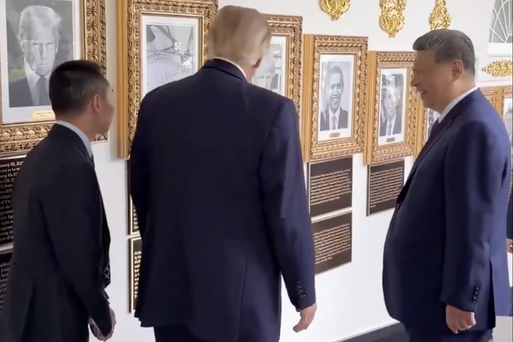 US President Donald Trump points out the framed image in place of his predecessor’s portrait, prompting an amused response from Chinese leader Xi Jinping. Photo: X.com/The White House