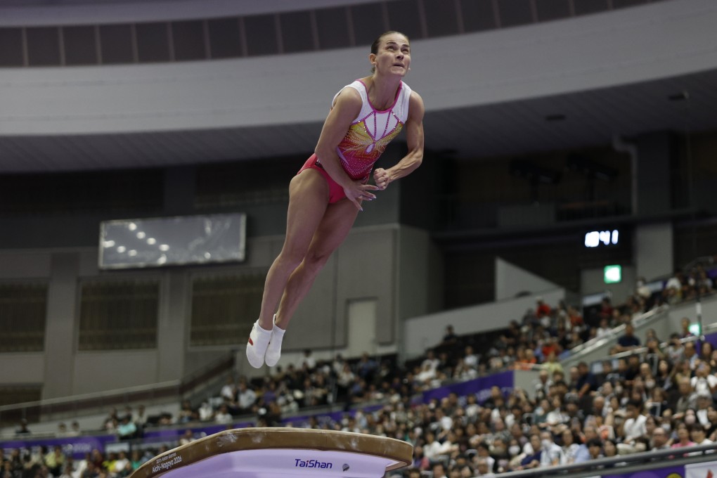 Uzbekistan’s Oksana Chusovitina in action during the women’s vault final at the Asian Games. Photo: Xinhua