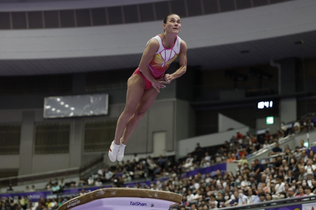 Uzbekistan’s Oksana Chusovitina in action during the women’s vault final at the Asian Games. Photo: Xinhua