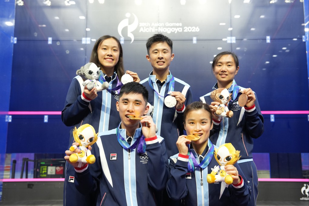 Hong Kong’s gold, silver and bronze medallists (from back row, left to right) Toby Tse, Lai Cheuk-nam, Chan Sun-yuk, Tang Ming-hong and Lee Ka-yi. Photo: Sam Tsang