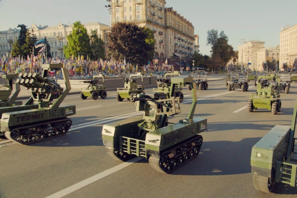 Unmanned ground vehicles take part in Ukraine’s first-ever drone parade marking the country’s Independence Day on Khreshchatyk street in Kyiv on August 24 amid Russia’s attack on Ukraine. Photo: Handout/Reuters
