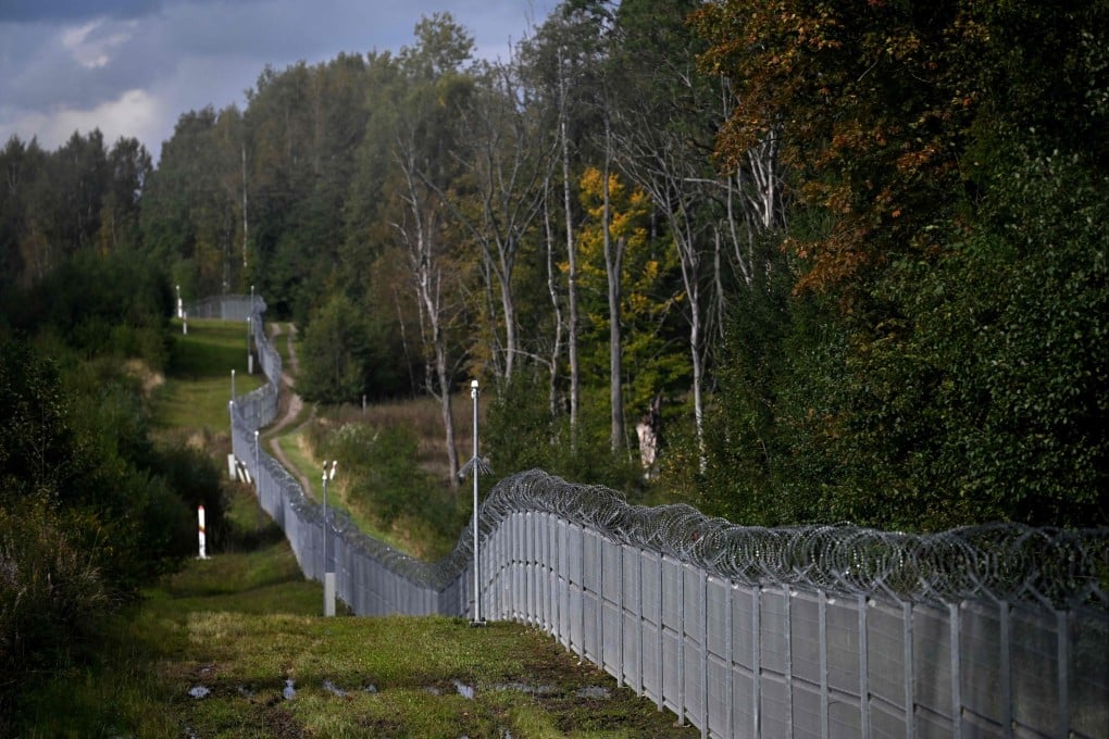 A fence along the Polish-Lithuanian border with the Russian exclave of Kaliningrad near the village of Grzybina, Podlaskie Voivodeship, near the Suwalki Gap, a stretch of the Polish-Lithuanian border that forms the only land corridor connecting the Baltic states with the rest of Nato. Photo: AFP