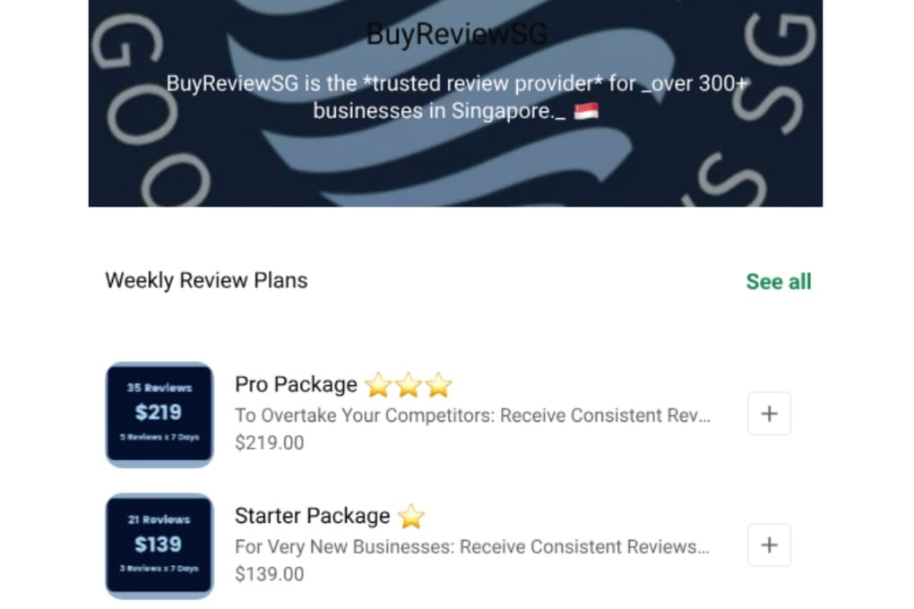 A screengrab shows the cost of fake review packages. Photo: Competition and Consumer Commission of Singapore
