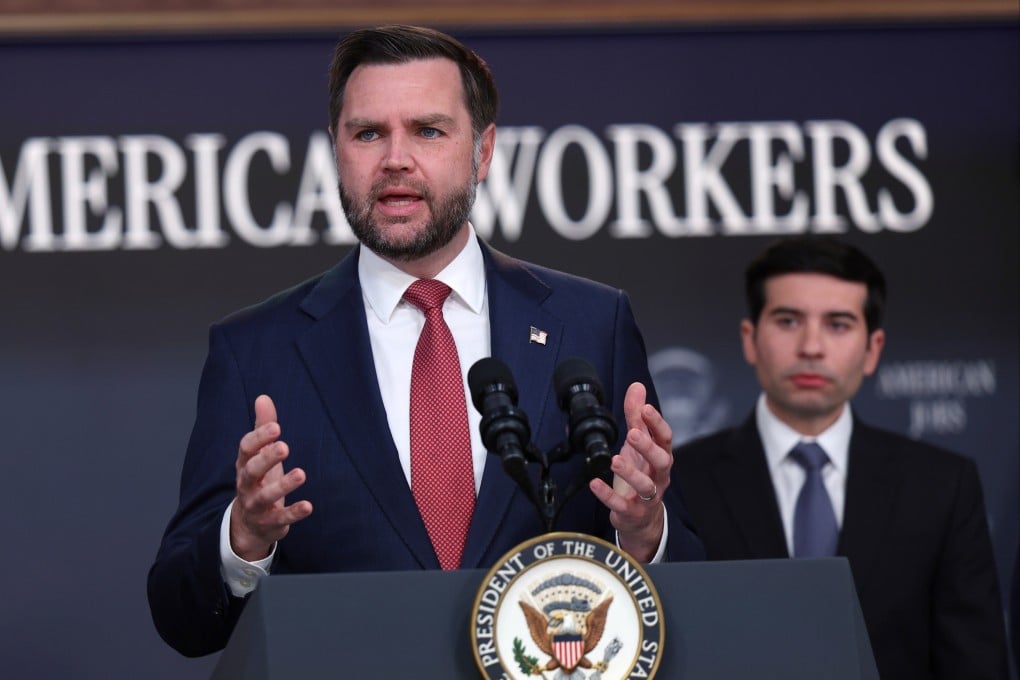 US Vice-President J.D. Vance speaks as Labour Secretary Keith Sonderling listens during a news conference inside the Eisenhower Executive Office Building on the White House campus on Thursday. Photo: AP