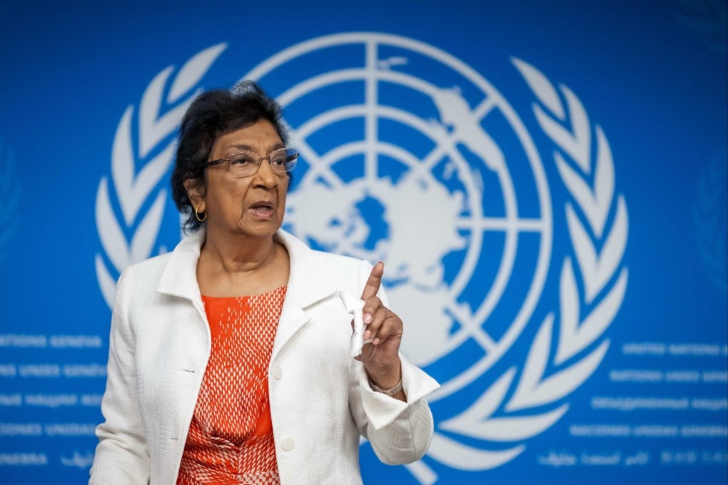 Navi Pillay at a press conference at the United Nations in Geneva in 2025. Photo: AFP
