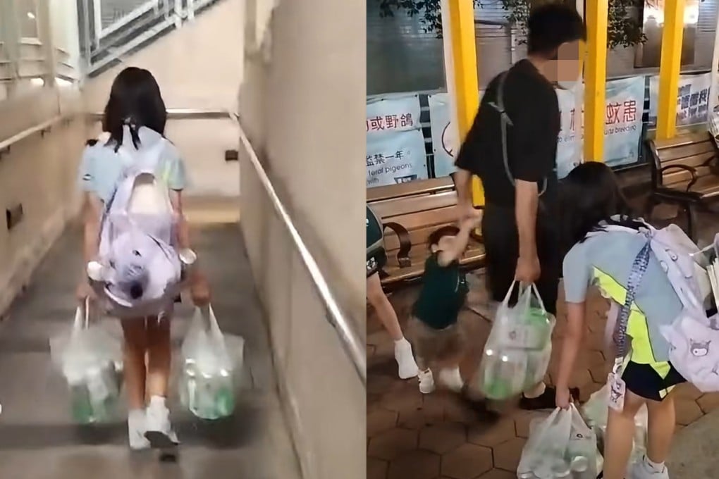 Screenshots from an online video show a girl carrying two heavy bags containing cans of beer. Photo: Handout