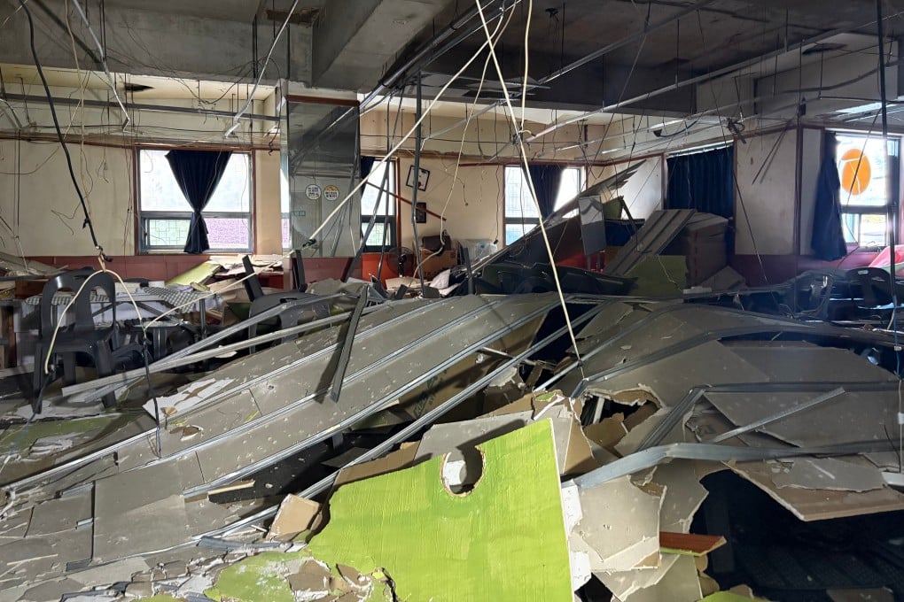 A collapsed plaster ceiling inside a building in Daegu, South Korea, on Saturday, which injured 38 people. Photo: Yonhap/AP