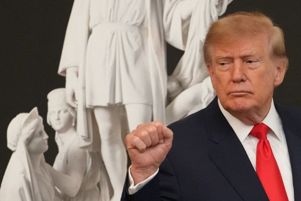 US President Donald Trump gestures at the end of a Columbus Day celebration at the White House on Friday. Photo: Reuters